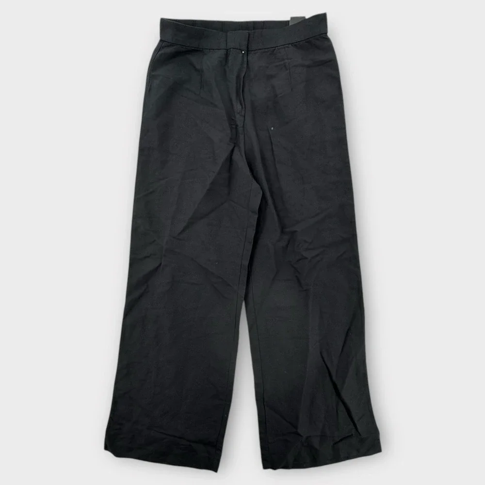 H&M Pants Womens 8 Linen Blend Wide Leg High Rise Black Lightweight Baggy NEW
